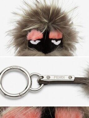 Fendi Brown-Gray Fur Monster Pom with Coral Brow Accents Keyring